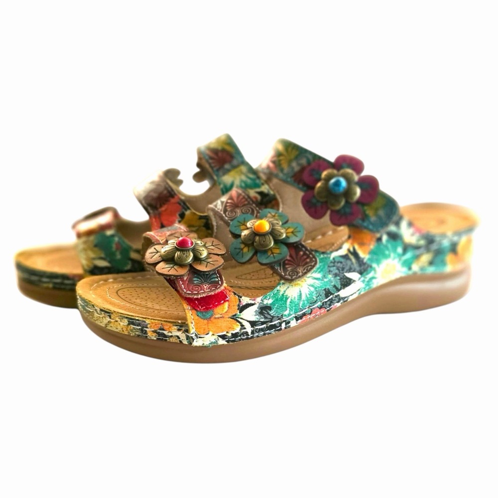 LArtiste Spring Step NEW Floral Leather Slide Sandals Boho Clog Size US 6 EU 36
